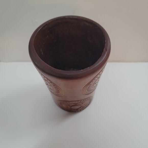 Wood vase brush cutlery holder Handmade carved turned tribal design 7" Organic - Picture 3 of 5